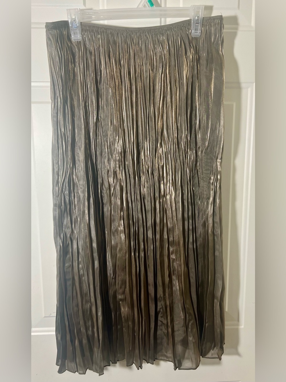 Olsen Pleated Metallic Midi Skirt - Shimmery Golden Olive